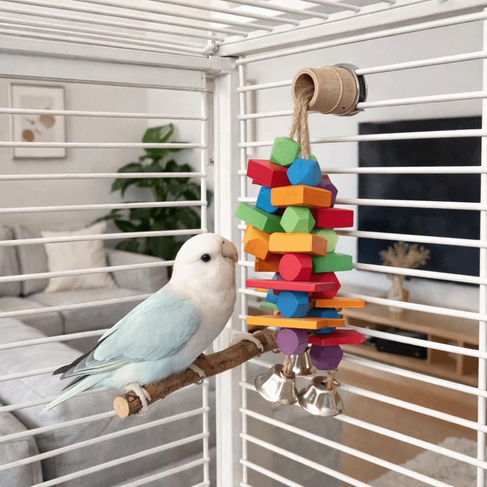 Multi Colored Parrot Chew Toys Bite Resistant Hanging Rainbow Bite String Blocks with Bells Parrot Standing Branches Training