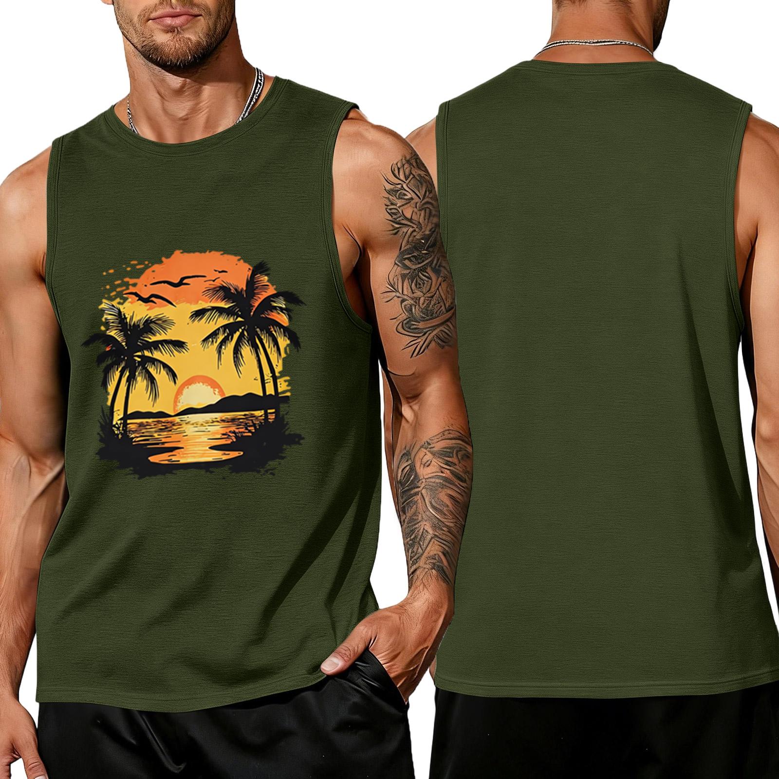 Men s loose and casual Hawaiian print sleeveless shirt S