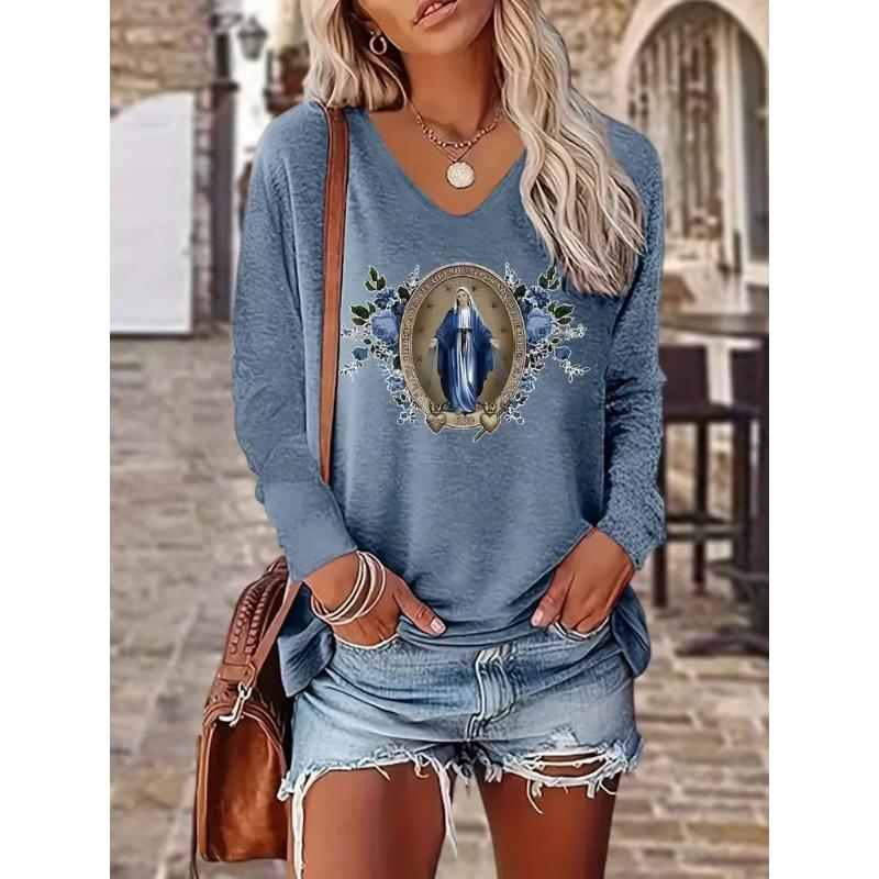 Modisches Damen V-Ausschnitt Langarm 3D Lässiges Farbprint Lässiges Langarm V-Ausschnitt T-Shirt