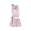 2026 Spring/Summer Pink Lace Strappy Tank Top & Ribbon Skirt Set for Women