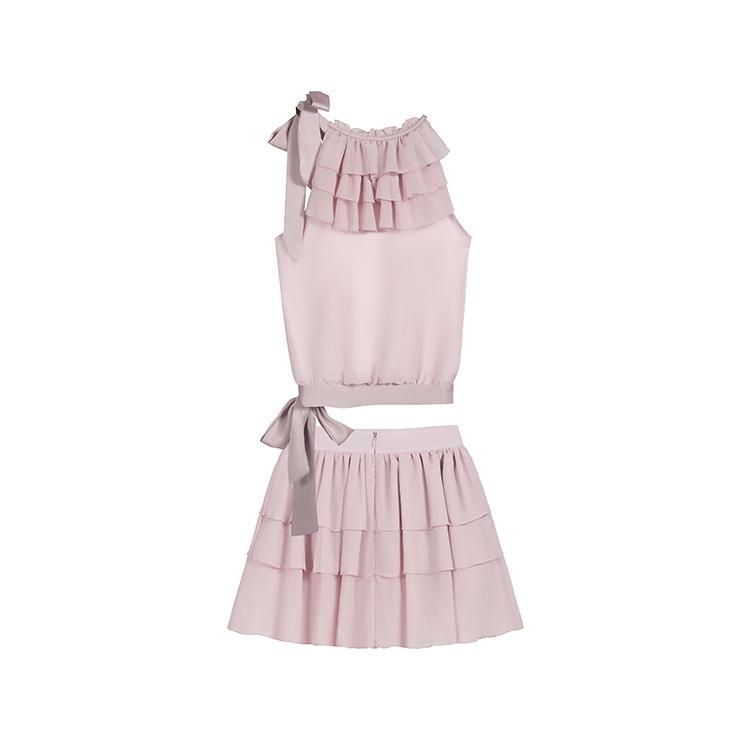 2026 Spring/Summer Pink Lace Strappy Tank Top & Ribbon Skirt Set for Women