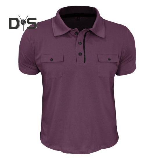 Men's Lapel T-shirt with Chest Pockets Short Sleeve Button-up Collar Tee Solid Color Casual Pullover Tee Shirt for Gym Streetwear