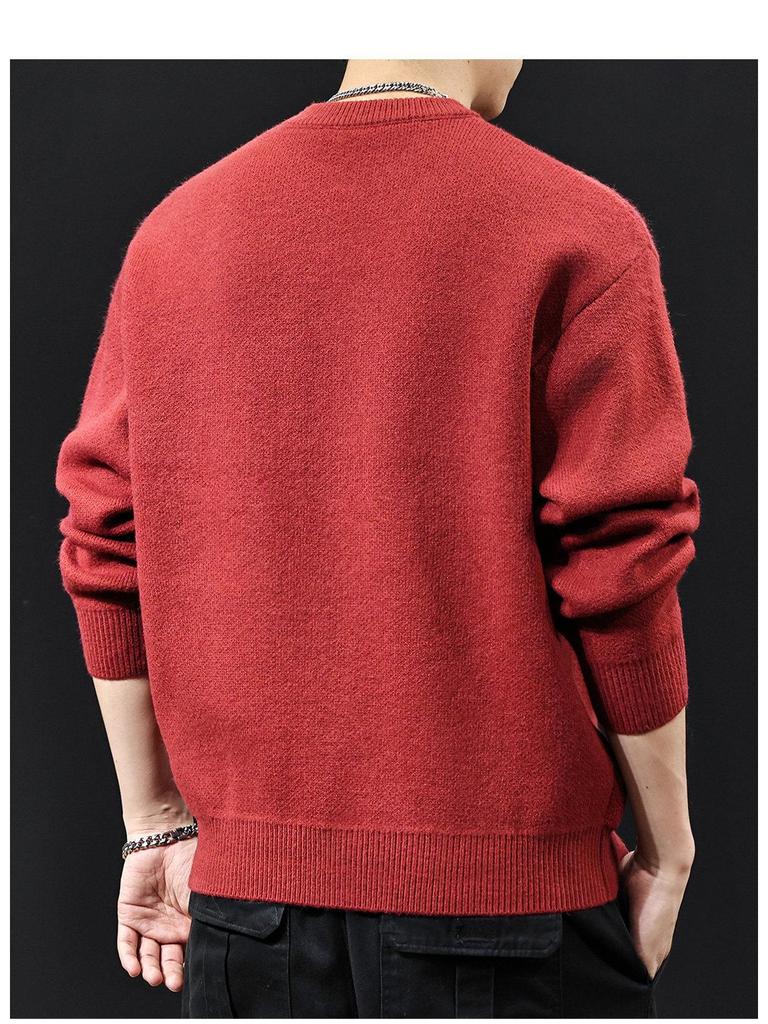 Men's Trendy Red Sweater - 2025 New Year Edition, Round Neck, Print Design, Lazy Style Knitwear, Plus Size Available