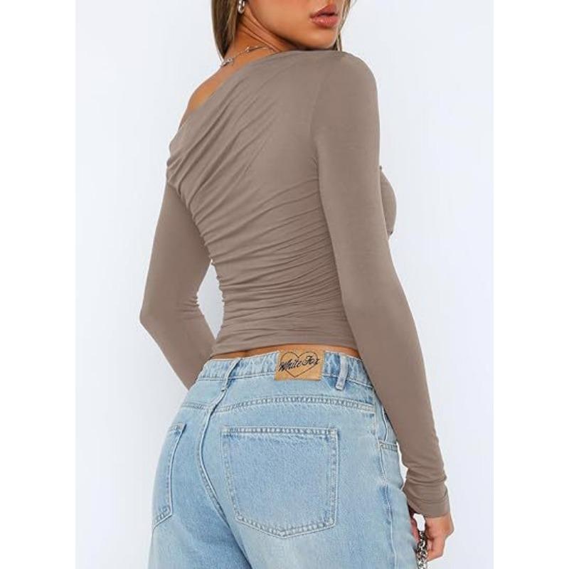 Women's Slanted Shoulder Asymmetrical Solid Color Crop Top Long Sleeved Sexy Slim Fit Elegant T-shirt