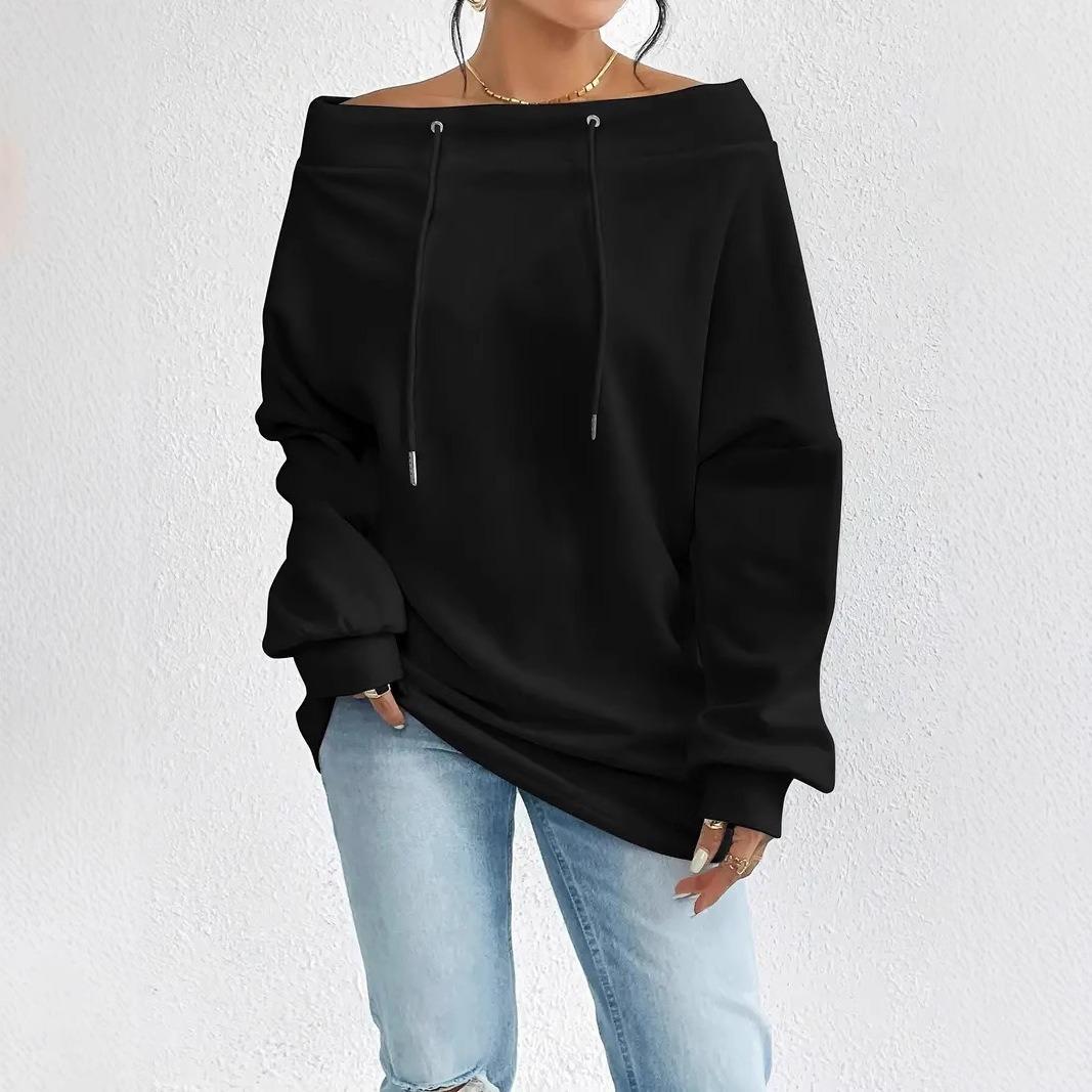 

Spring and Autumn Women s Sexy Off Shoulder Drawstring One Shoulder Loose Sweatshirt From Europe and America S чёрный