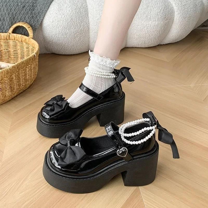 

Fashion 2025 Square Heels Women s High Heels High Quality Mary Jane Bow Round Toe Buckle Dress Party Women s High Heels Chaussure Femme 40 чёрный