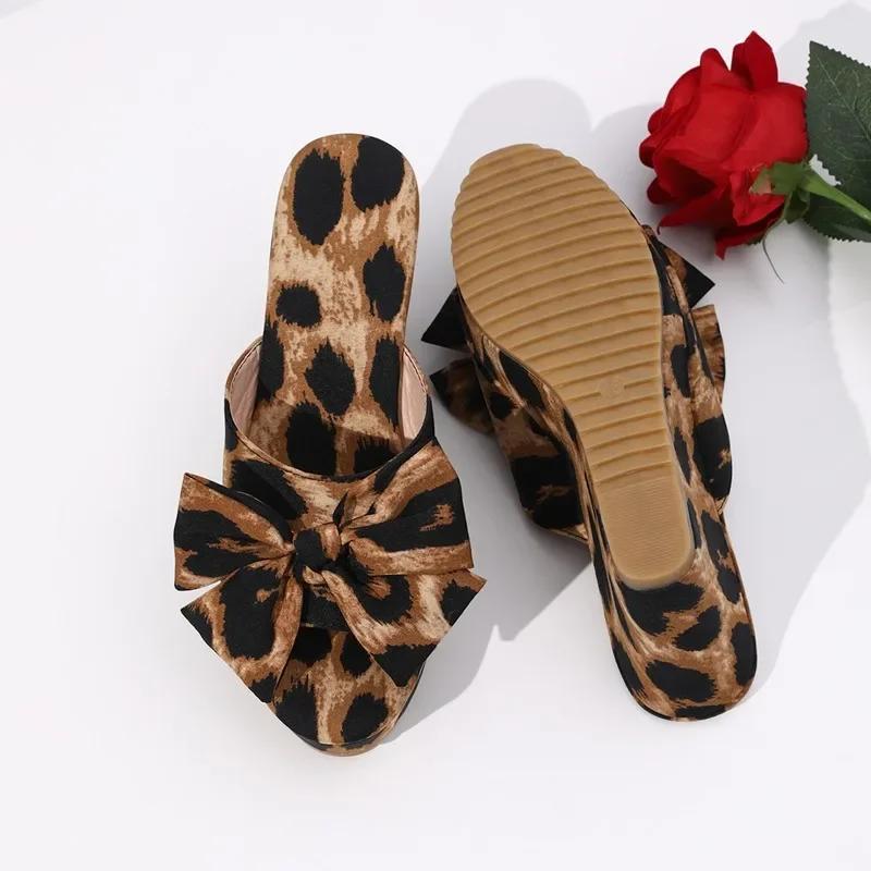Fashion Brand Ladies Shoes 2025 Peep Toe Casual Slippers Women Fashion Leopard Print New Women's Butterfly-knot Platform Wedge Sandals