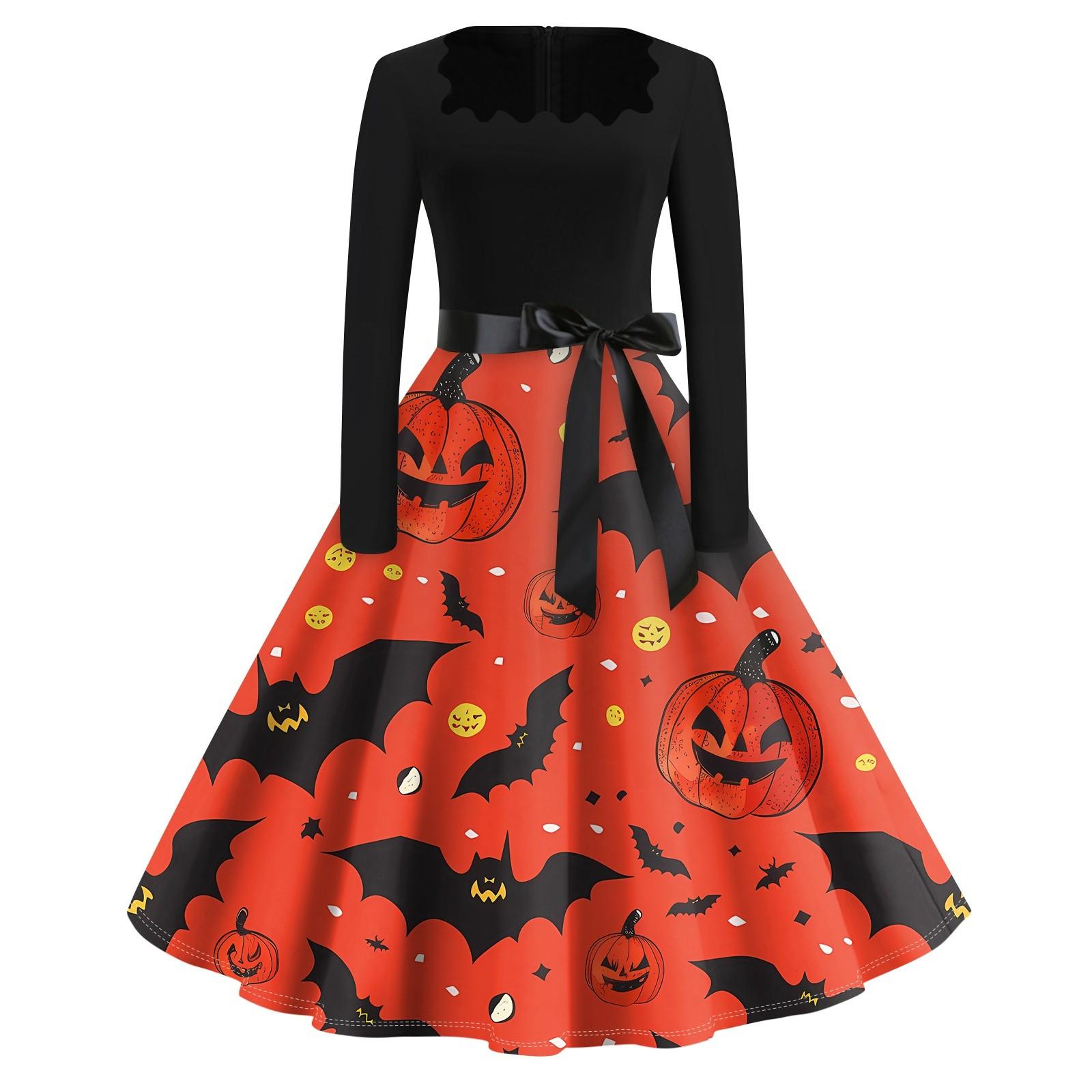 

Halloween Print Flare Dress For Women Long Sleeve Dress Hollow Party Casual Dresses XL киноварь