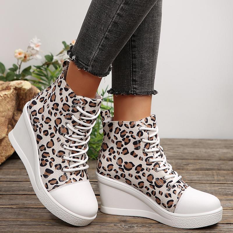 Fashion Fashion Leopard Print Ankle Boots for Women Lightweight Platform Wedge Heel Casual Shoes Woman Thick Sole Lace Up Short Boots 43