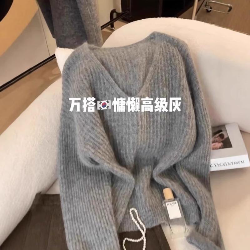 Premium Soft Waxy Gray V-neck Mohair Sweater Women's Autumn and Winter Loose Lazy Style Inner Top