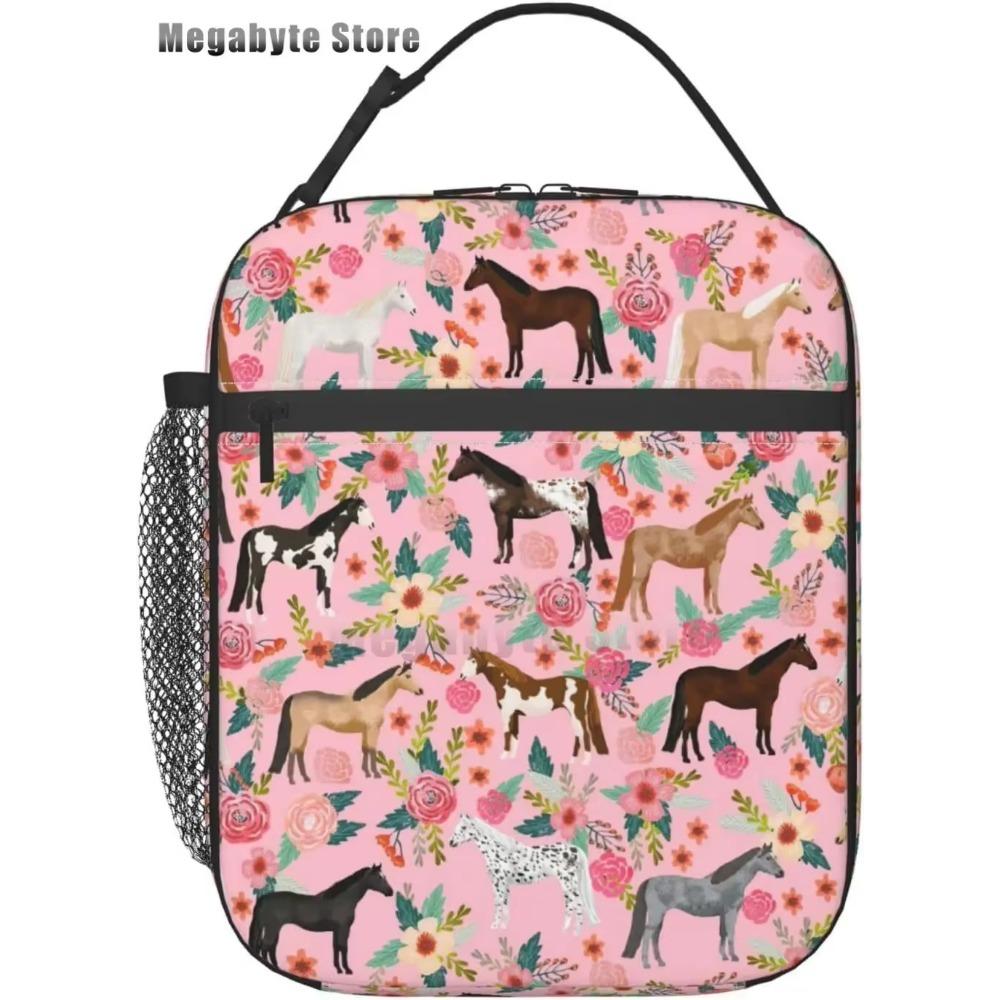Horse And Flower Lunch Box Insulated Lunch Bags Zipper Lunch Bag Cooler Tote Bag For Teens Men Women Office Picnic