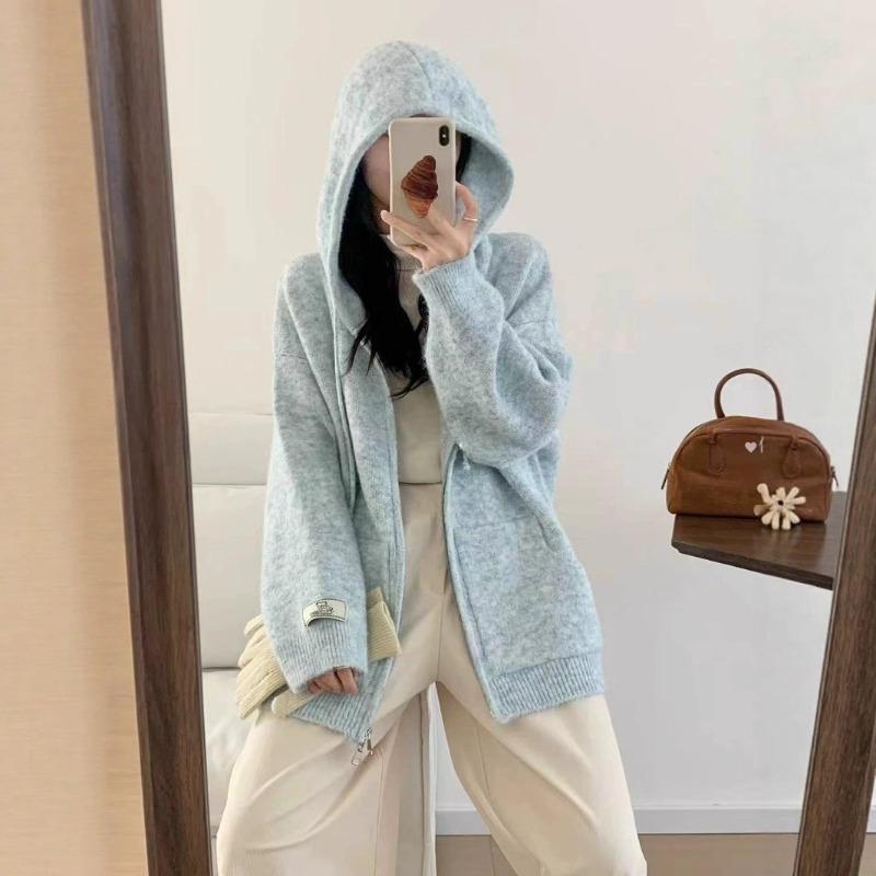 Autumn and Winter New Casual Versatile Hooded Zipper Knitted Cardigan Women's Loose Lazy Wind Thin Sweater Jacket
