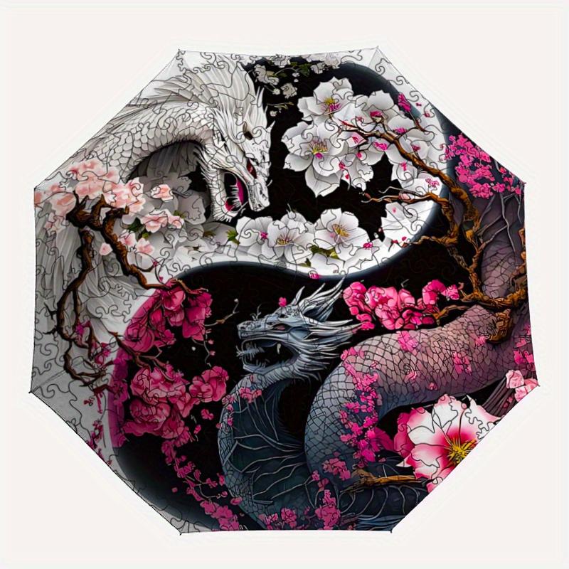 1pc Yin and Yang White Dragon and Black Dragon Automatic Folding Umbrella - 3 Folding Design, Vivid Cartoon Pattern, Suitable for Outdoor Activit