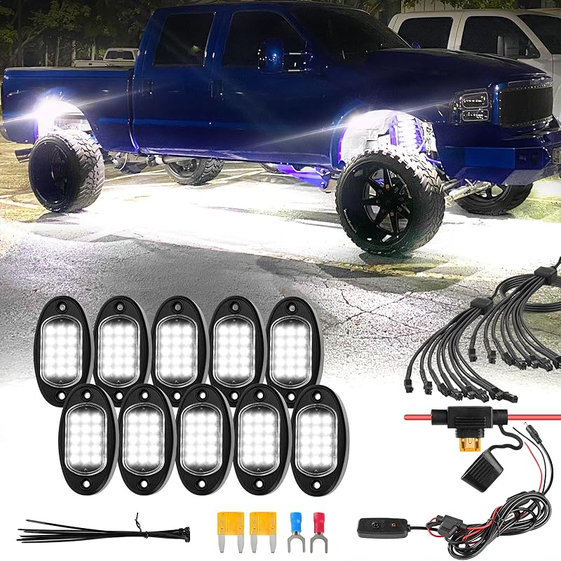 8Pods Pure White LED Rock Lights Kit with Switch Wiring Harness Extension Wire, 6500K 15LEDs Neon Underglow Light Waterproof Fender Lights for Car