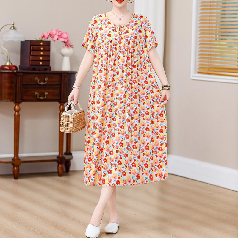 Plus Size Elegant Loose Dresses for Women Oversize Short Sleeve Vintage Print Long Dress Casual Middle-aged Women's Clothing