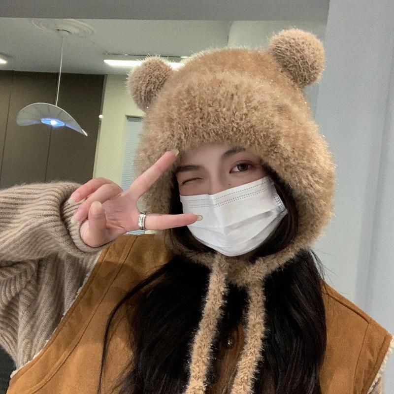 Cute Bear Wool Knitted Hat Women's Autumn Winter Windproof Earflap Warm Plush Beanie