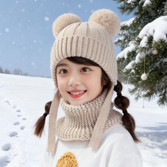 2Pcs/Set Children Winter Hat Scarf Set Plush Ball Decor Solid Color Plush Lining Knitting Hat Warm Neckerchief Set