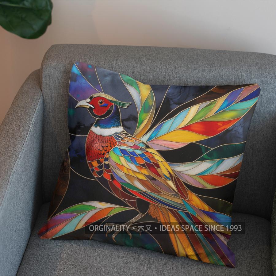 2D Colorful Stained Glass Pheasant Pattern Pillow Cover Pattern Cushion Cover Suitable For Sofa Bedroom Car Pillow Cover