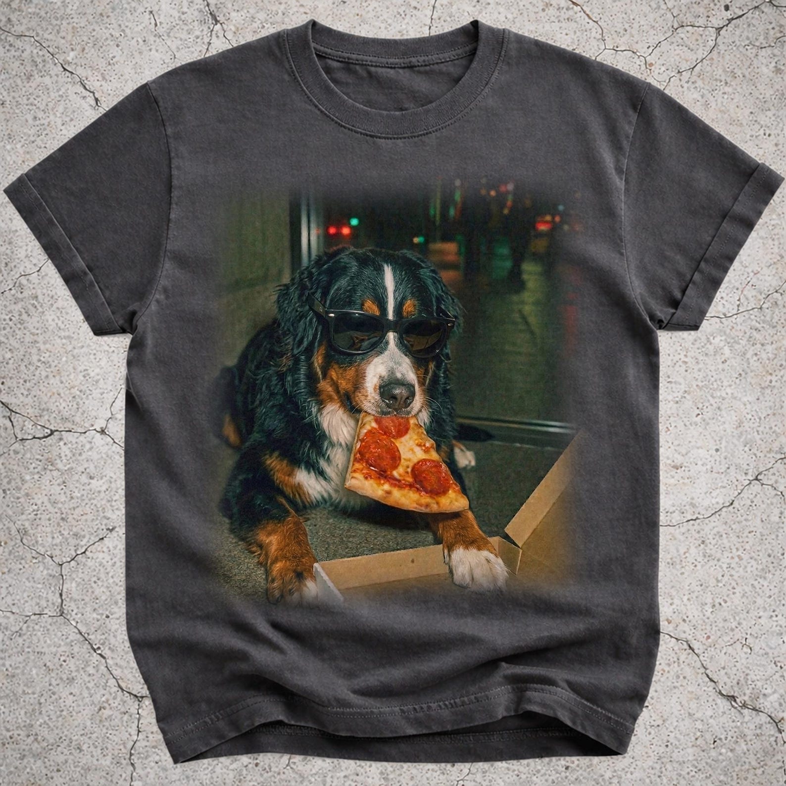 Bernese Mountain Dog Eating Pizza Shirt, Funny Bernese Dog Meme T-Shirt, Pizza Lover Gift, Bernese Owner Vintage Tee, Silly Novelty Shirt L