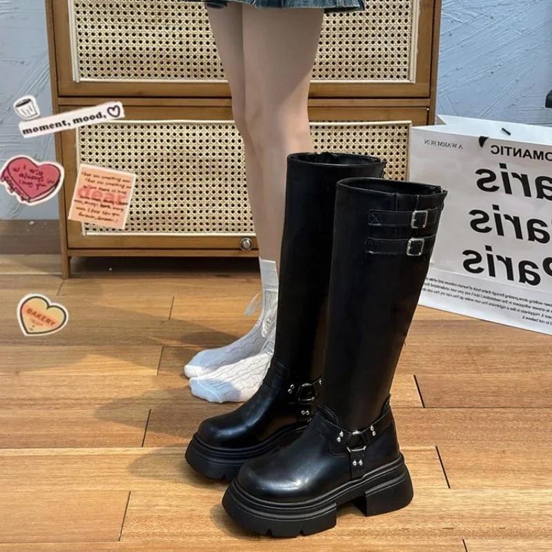 Denim Boots for Women Motorcycle Boots Retro Brown Belt Buckle Round Head High Women Boots Ladies Platform Boot Shoes for Women