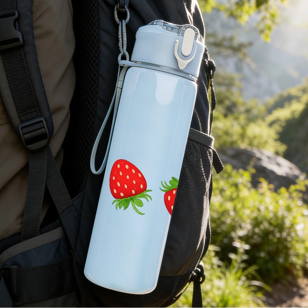 1PC Red Strawberry Fruit Group Pattern Print 750ml Color Plastic Sports Water Bottle Leakproof Flip Straw Lid Suitable for Sports Office Home Use