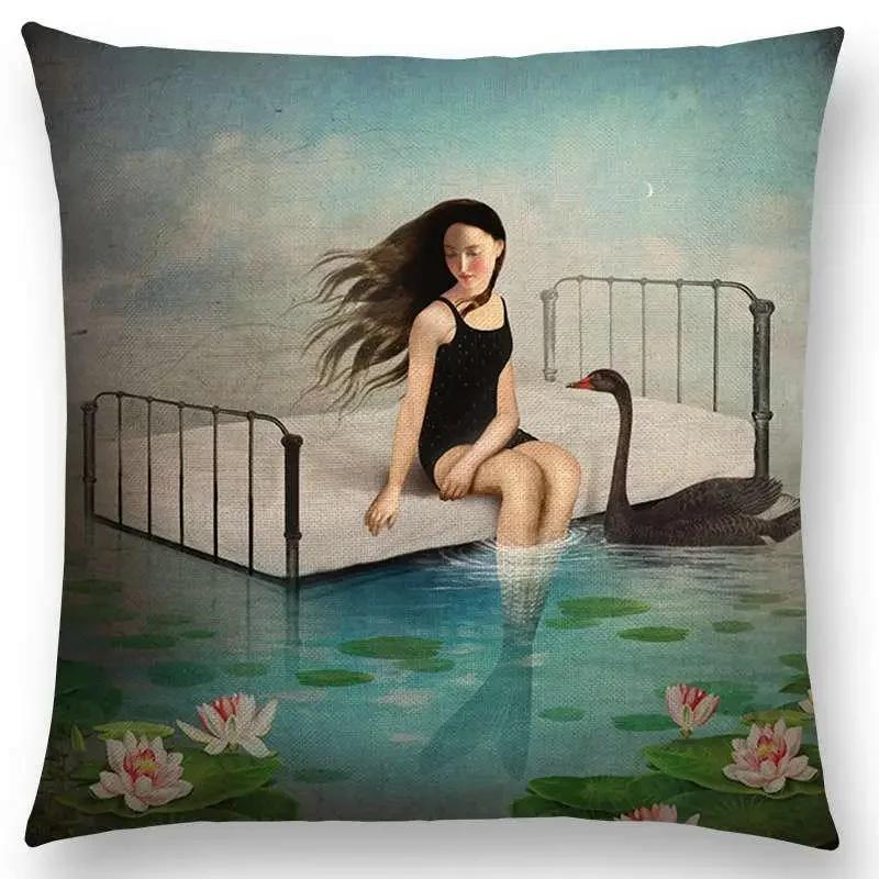 New Elegant Lady Lovely Girl Shakespeare Fantasy Painting Moon Night Swan Dream Trees Cushion Cover Sofa Throw Pillow Case