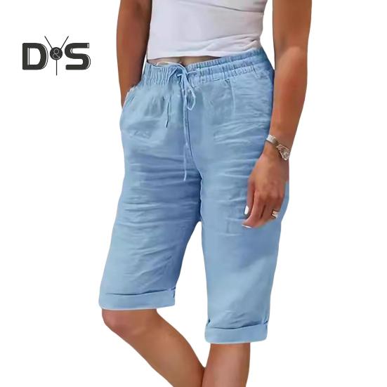 Women Summer Shorts Elastic Waistband Adjustable Drawstring Casual Pants with Pockets Solid Color Loose Fit Knee-length Pants
