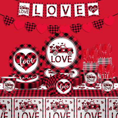 Valentine'S Day Love Plaid L0Ve Party Set Disposable Paper Plate Tissue Paper Cup Wedding Qixi Festival Wedding Arrangement