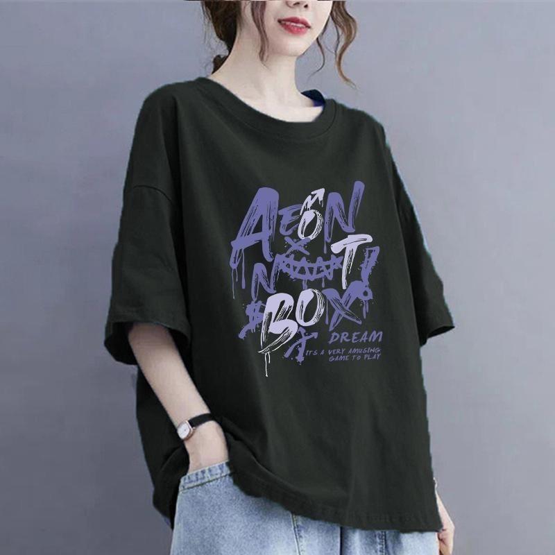 Women Casual Korean Printing O-neck Oversized Top Tee Summer All-match Letter Loose Cotton T-Shirt Women Clothing Pullover Tops