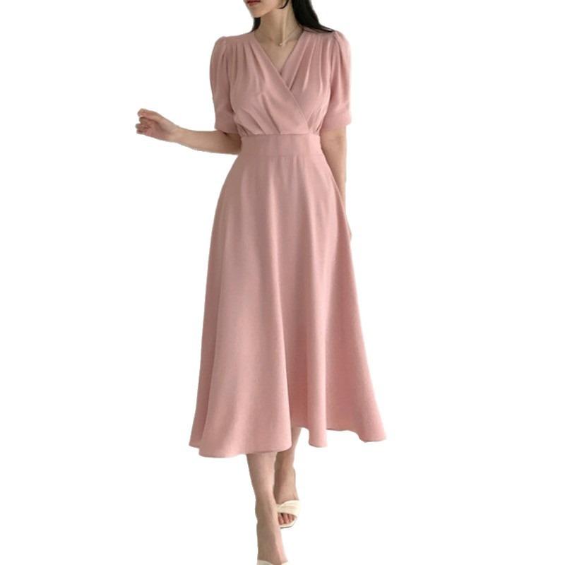 French V-neck Pleated Women's Dress with Elegant Puffed Sleeves and A Cinched Waist