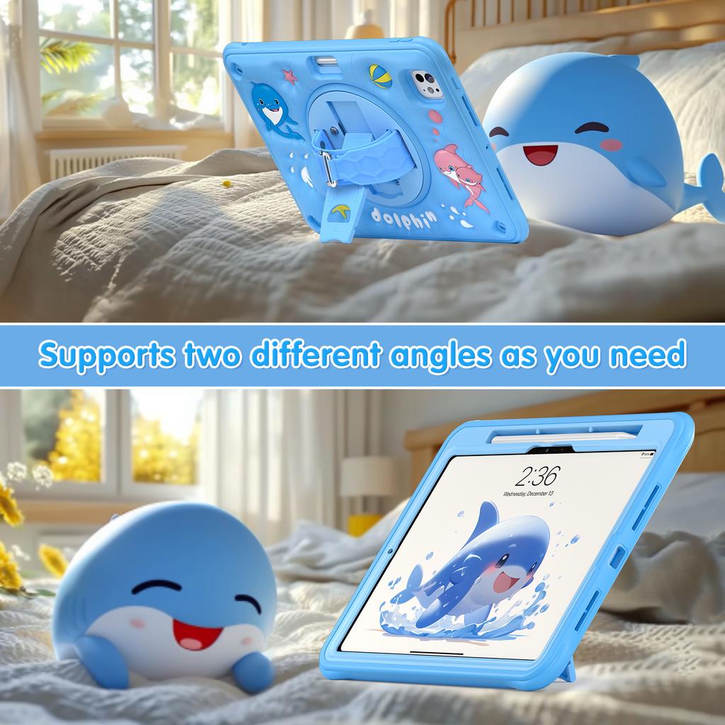 For iPad Pro 11 (2024) Case Cute Dolphin Kickstand PC+Silicone+TPU Tablet Cover