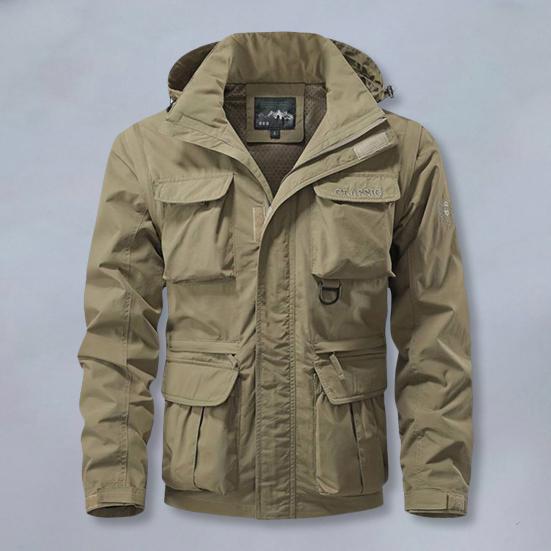 

Куртка мужская Yousheng с капюшоном и длинными рукавами, с отворотами, с несколькими карманами, однотонная куртка с застежкой-молнией и карманом для отдыха на открытом воздухе M хаки