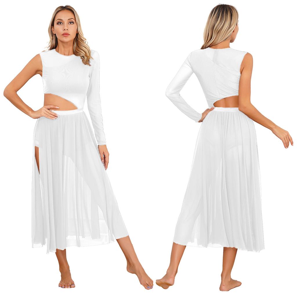 Women Lyrical Modern Contemporary Dance Leotard Patchwork Side Split Mesh Dress Flowy Costume