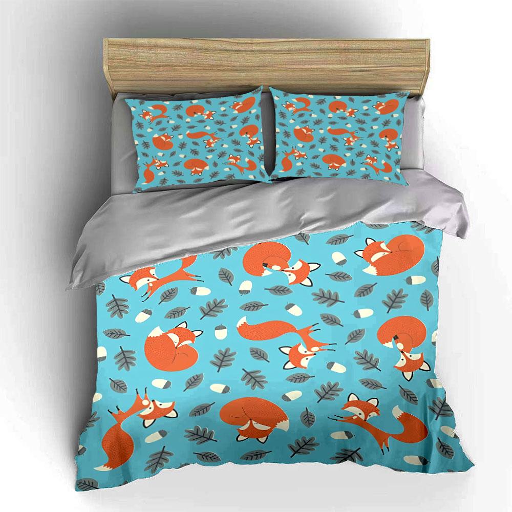 Fox and Leaf Forest Pattern Bedding Duvet Cover Set Duvet Cover Pillowcases (1*Duvet Cover 2*Pillowcases, without duvet insert)