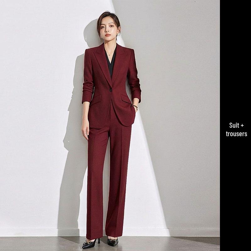 Burgundy Women's Long-Sleeved Suit Set: Elegant One-Button Formal Wear for Office, Luxury Style for Spring and Autumn