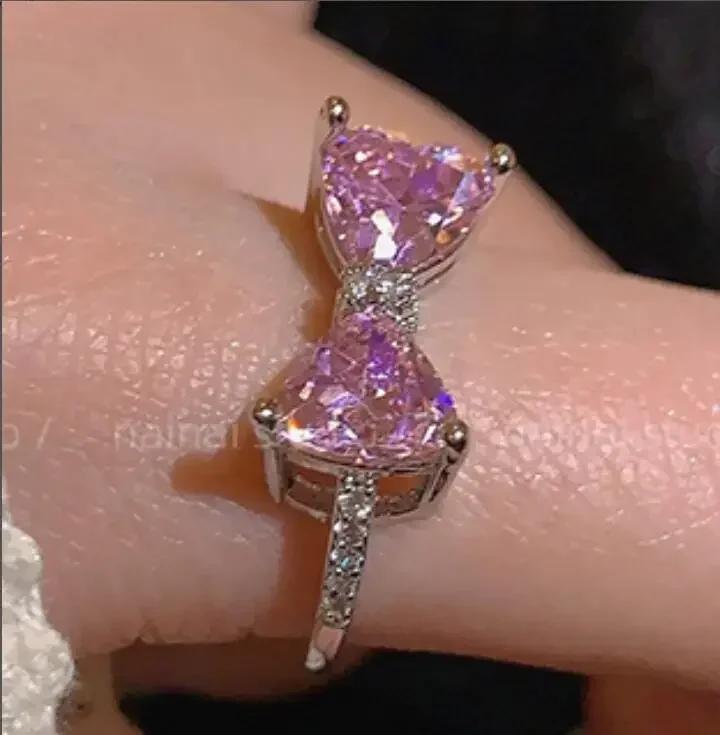 Adjustable Crystal Rings Y2K Pink Irregular Geometry Vintage Bowknot Heart Ring Set for Women Girl 2023 New Fashion Jewelry Gift