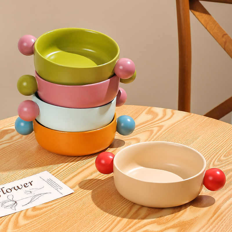 Creative Contrast Color Salad Bowl Ceramic Binaural Handle Bowl Fruit Salad Bowl Instant Noodle Bowl Microwave Oven Baked Rice Bowl
