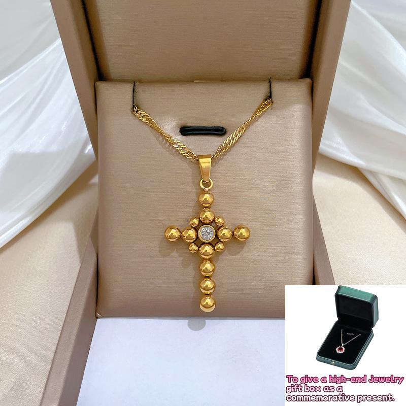 

[Whole Body] Round Bead Cross Personality Minimalist Wind Furnace Real Gold Necklace Female ins Internet celebrity Clavicle Chain