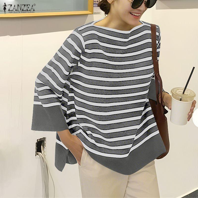 ZANZEA Women Casual Round Neck Loose 3/4 Sleeve Stripe Blouse