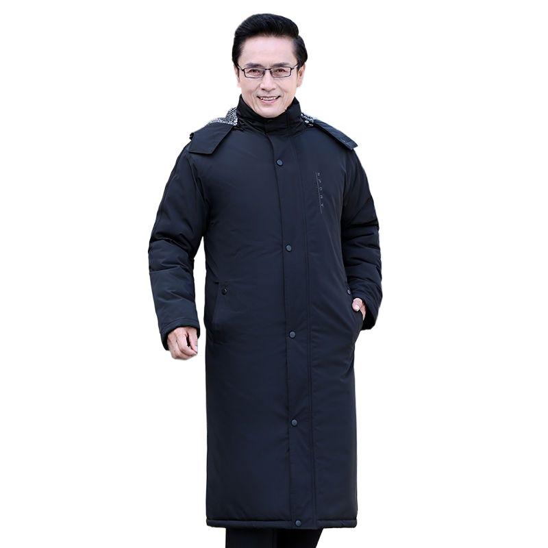 Extra Long Winter Jacket for Middle-Aged & Elderly Men - Thickened, Fleece-Lined, Grandpa Style, Warm Cotton Padded, Over-the-Knee Design