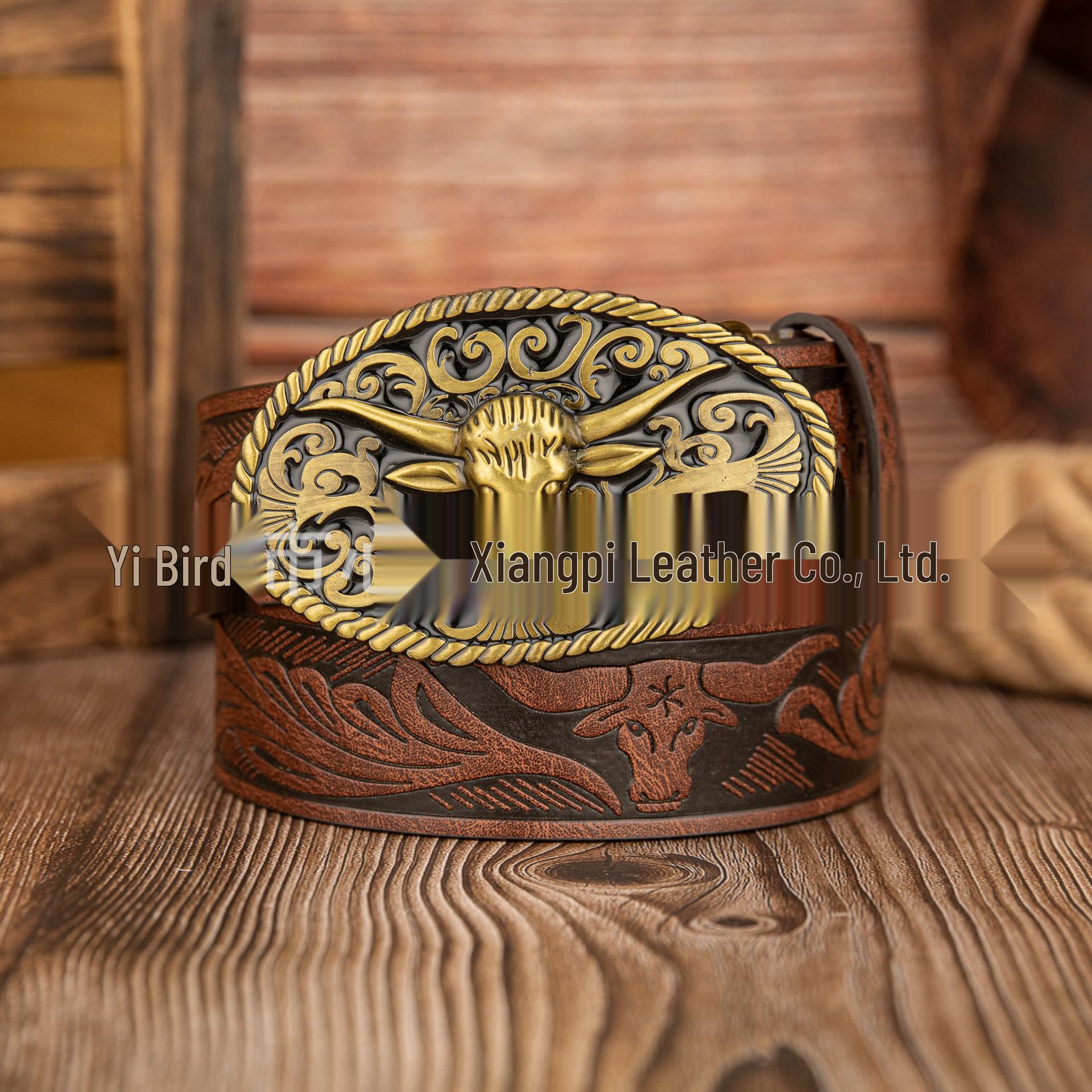 Western Cowboy PU Leather Belt with Bull Head Buckle and Lace Design 120cm коричневый