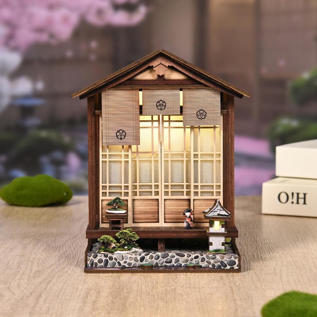 QmXCyzl Wooden DIY Dollhouse Kit, Miniature 3D Bookstand, Holiday Gift, Architectural Scenario Openable Design, Japanese Style (Planet and Garden)