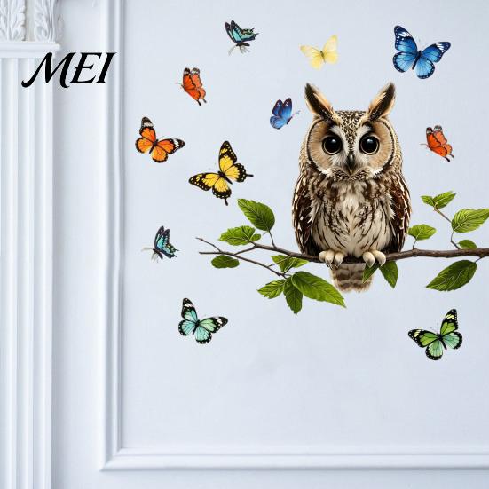 Removable PVC Home Decoration Owl Butterfly Wall Sticker, Forest Animal Illustration Decorative Decals, Seasonal Interior Ornament Waterproof