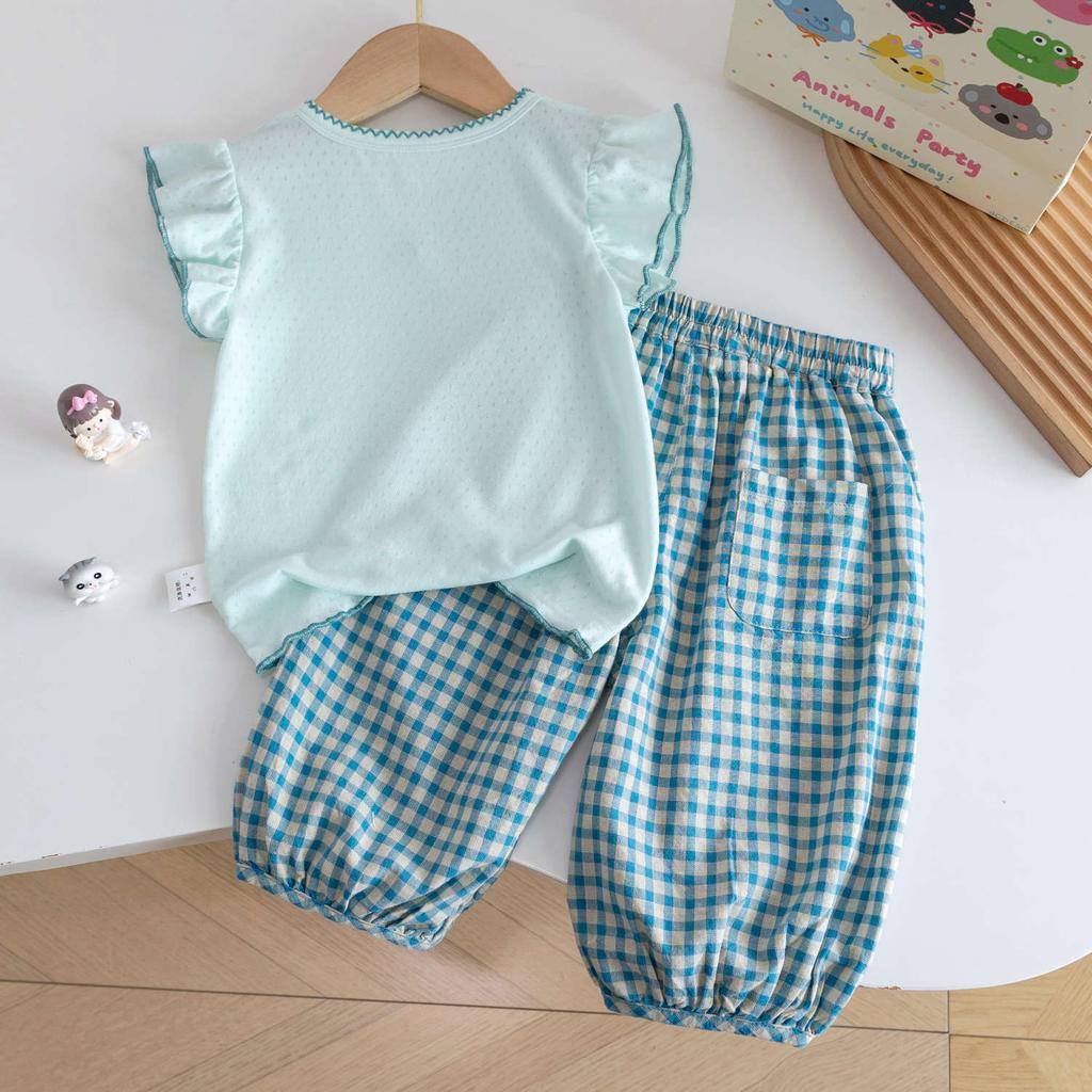 Girls Summer Outfit Cute Fly Sleeve Breathable Short Sleeve Top And Plaid Mosquito Pants Baby Casual Two Piece Set