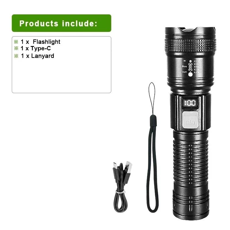 Super Bright LED Flashlight Battery Display USB Rechargeable Light Telescopic Zoom Torch Lamp Outdoor Camping Fishing Lantern