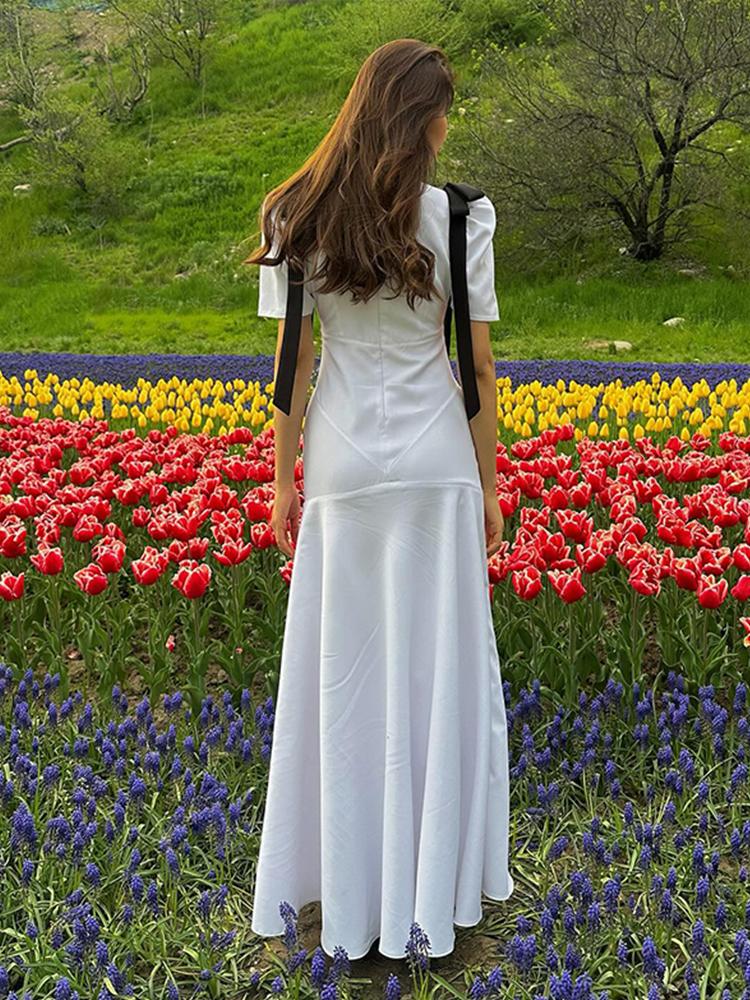 Bogen Patchwork V-Ausschnitt Kurzarm Damenkleid Sommer Party A-Linie Damen Lange Robe