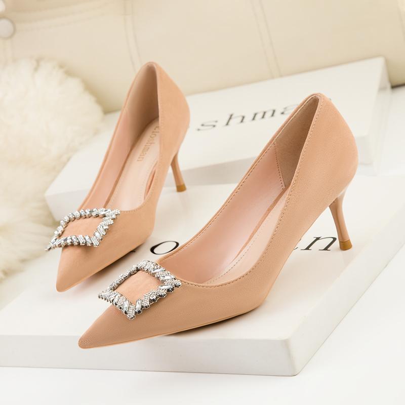 Fashion Apricot High Heels for Women 9.5cm Flock Pumps Crystal Buckle Stiletto Wedding Bridal Scarpins Sexy Lady Footwear
