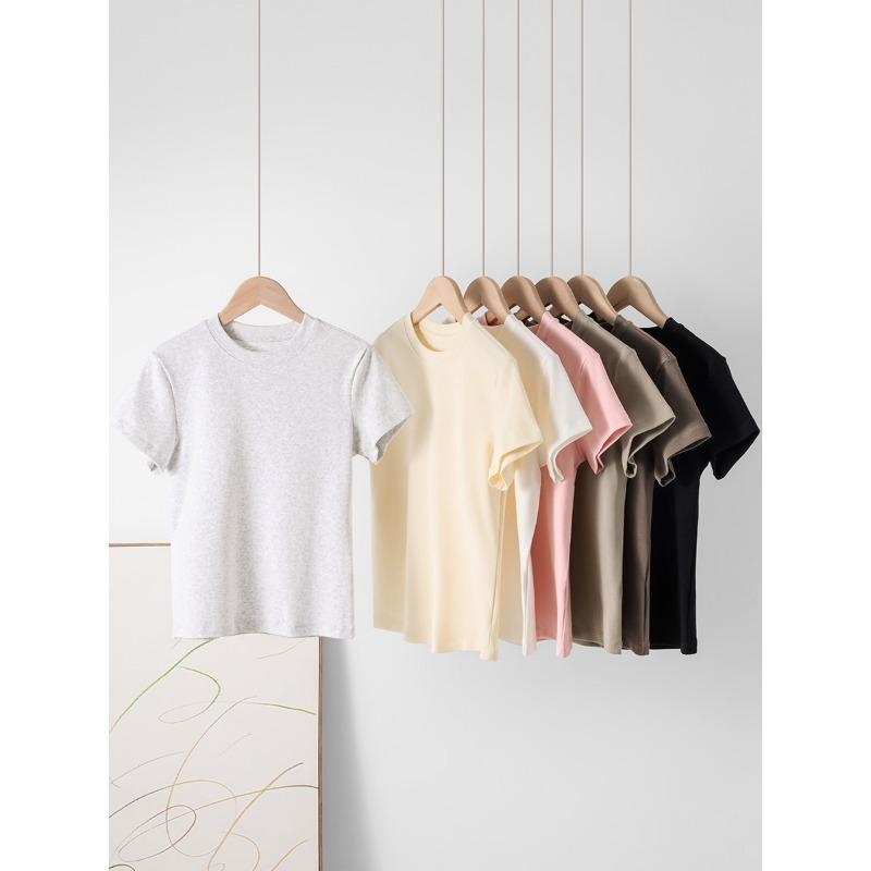 Shoulder Short Sleeved T-shirt for Women, French Round Neck Short Style, Elastic Slim Fit, Spicy Girl Style, Slimming Short Top for Women