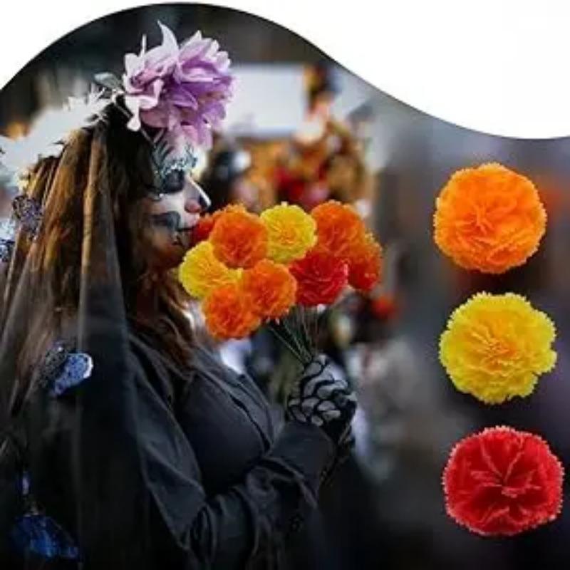 Silk Marigold Flowers 10-80PCS Artificial Orange Flowers for Day of The Dead Decor Diwali Festival Dia De Los Muertos