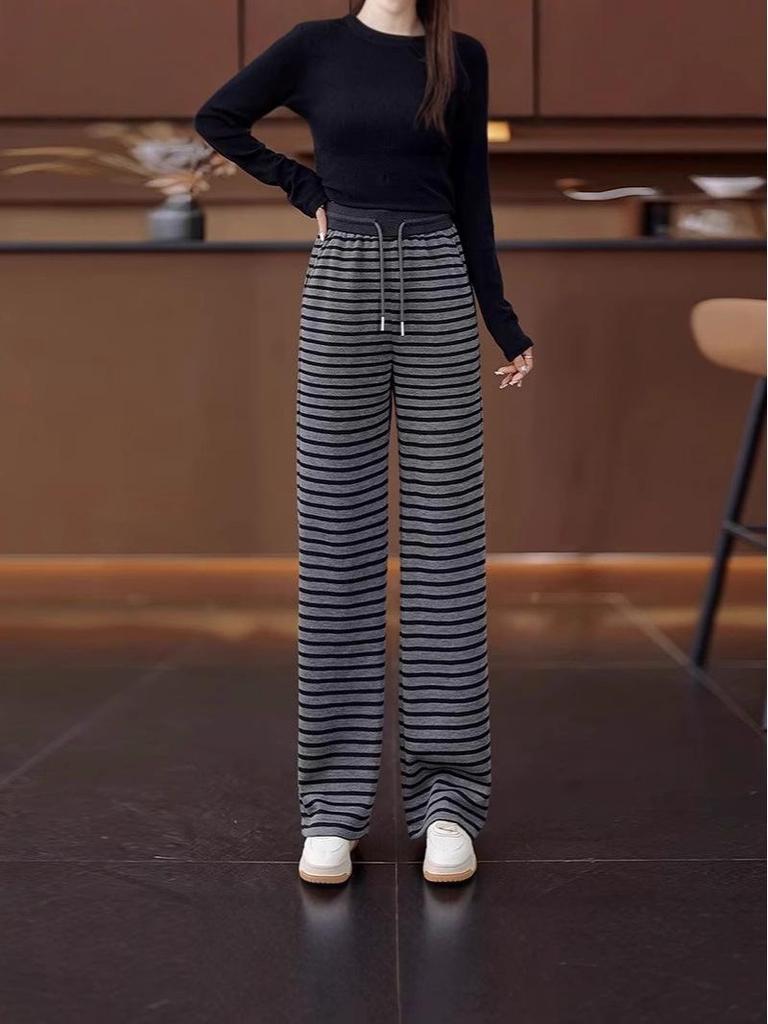Women's Striped Elastic Waist Wide-Leg Knitted Pants, Slim-Fit Casual, Spring/Autumn 2025.